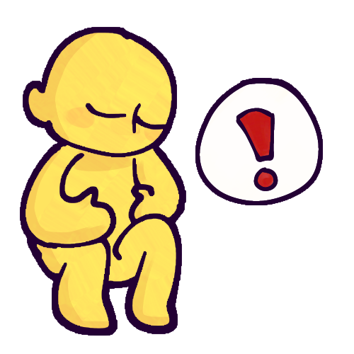 Drawing of a simple, mostly featureless yellow baby next to a white circle with an exclamation point inside.